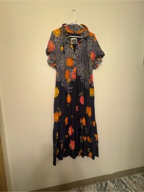 Floral Button-Front Midi Dress in Navy with Yellow & Pink Flowers